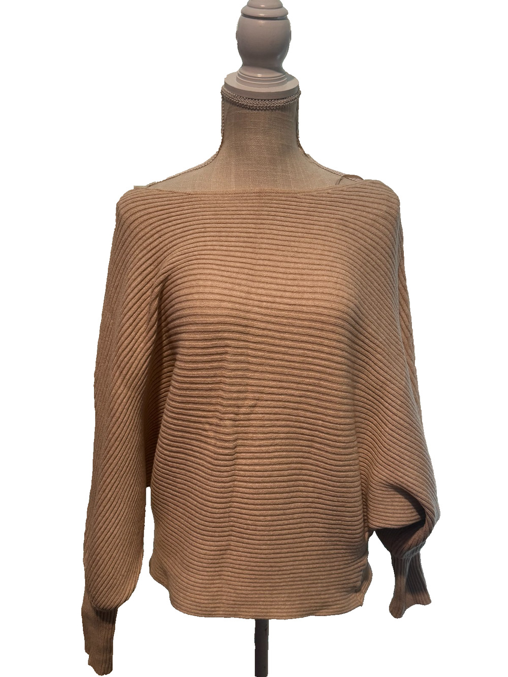 Pinque Women's Boatneck Shirt Cream Neutral Long Sleeve Ribbed Dolman Sleeve - M